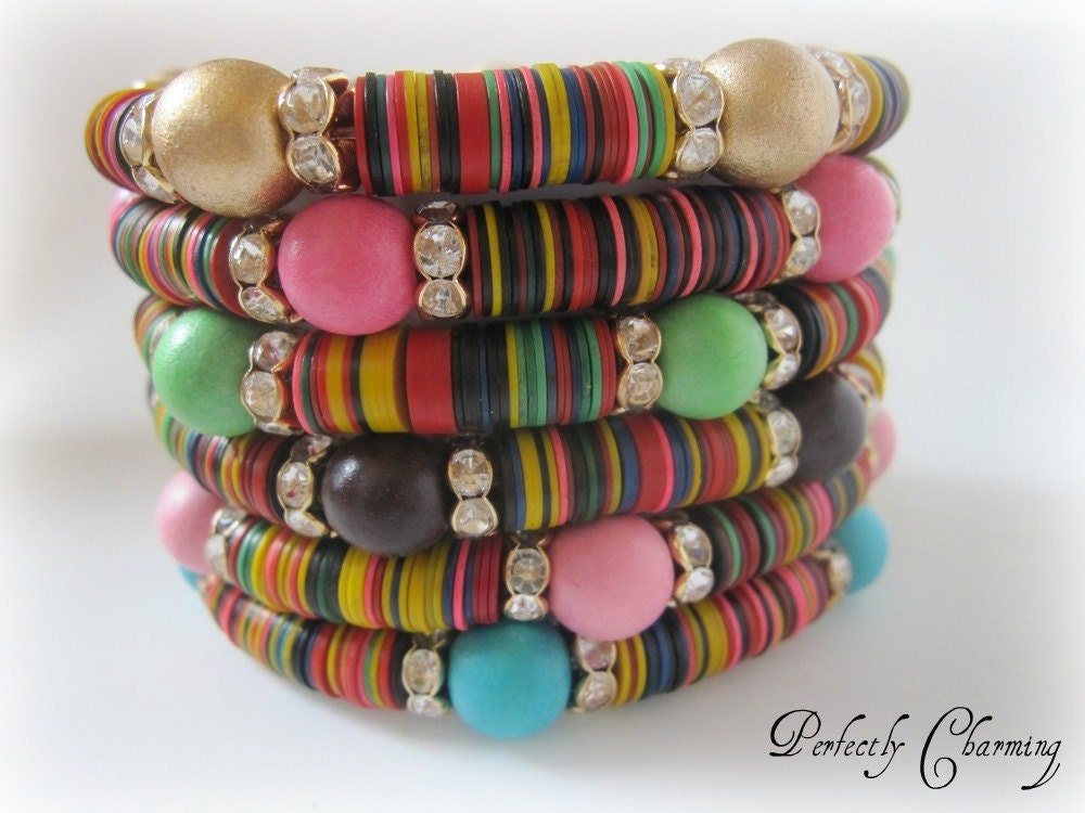 Friendship Bracelet TRIBAL SKULL African Recycled Vinyl Records and Colorful Skull and Wood Beads