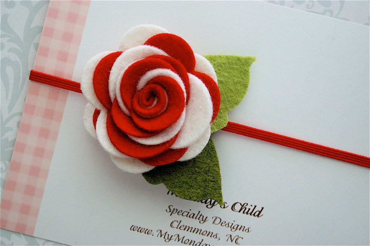 Felt Flower Headband in Red and White - Newborn Baby Headbands to Adult