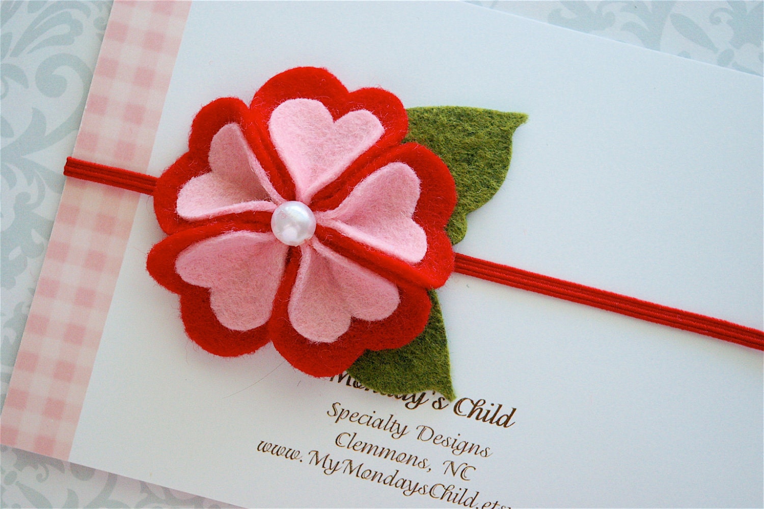 Valentines Day Headband - Felt Flower Headband in Red Hearts - Newborn Baby Headbands to Adult