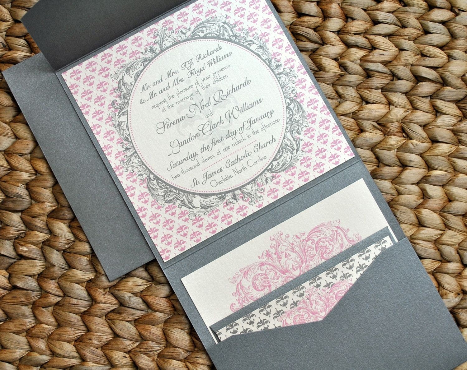 Hampton's Pocketfold Wedding Invitations - Pewter Silver, Ivory and Pink