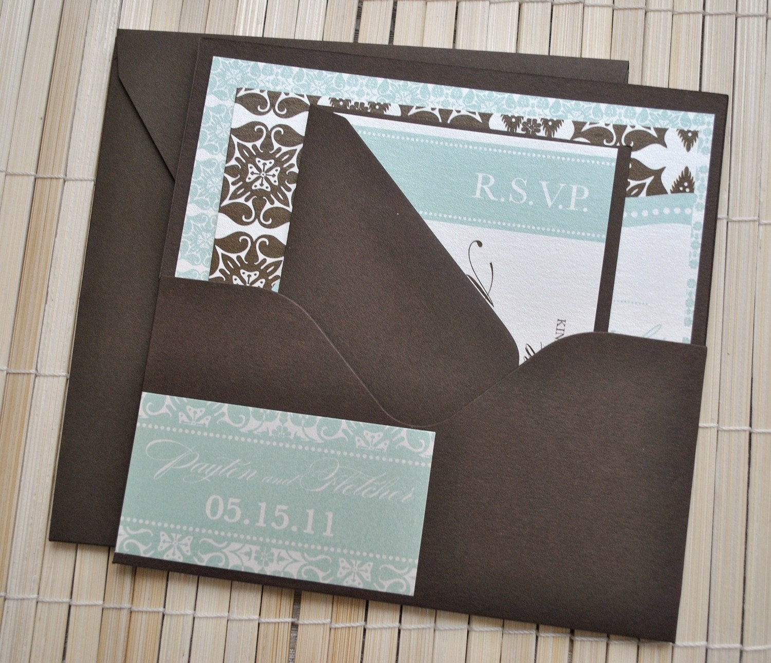 Liya Wedding Invitation Suite with Pocket - Ivory, Seafoam and Chocolate