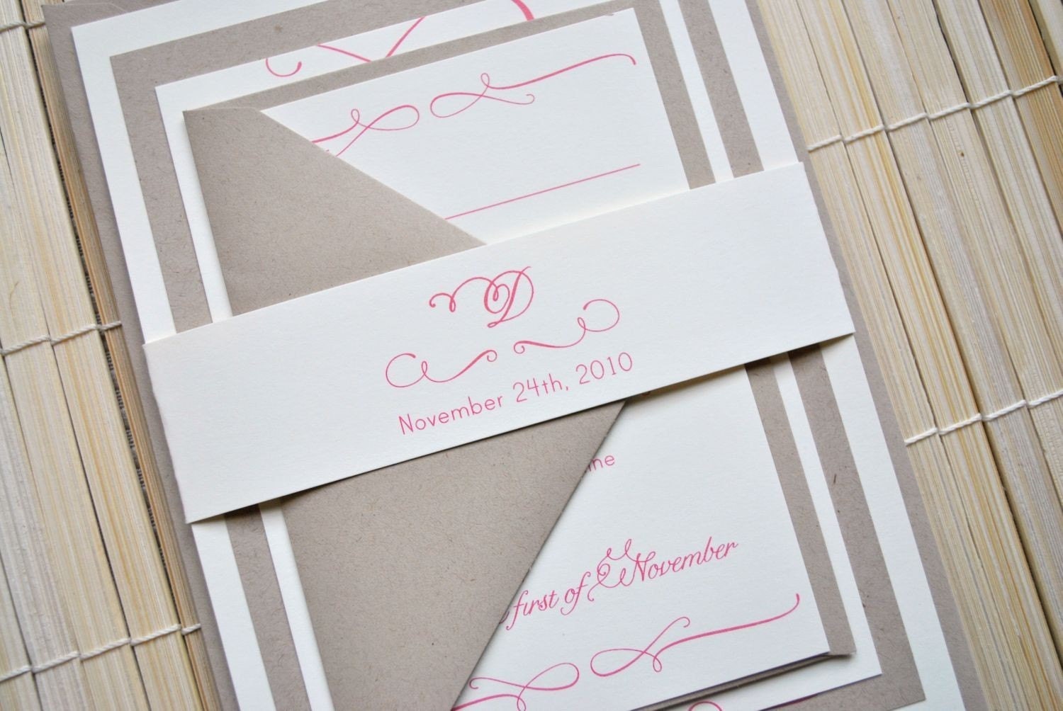 Blake Wedding Invitation Suite with Belly Band - Ivory, Craft Brown and Coral Pink