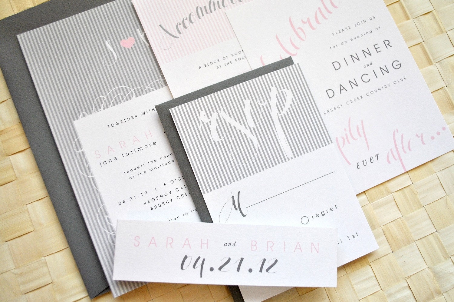 Jadie Stripe Wedding Invitation Suite with Belly Band - Gray, White and Pink, Customizable