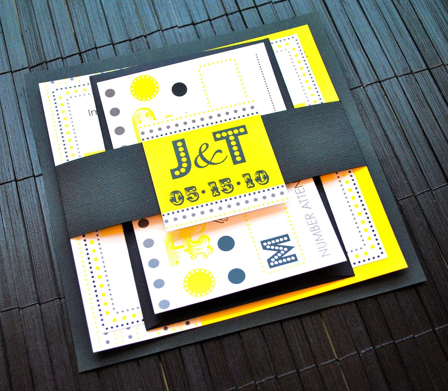 Super Cute Wedding Invitation Suite with Belly Band - Dots Suite Black, Grey and Yellow