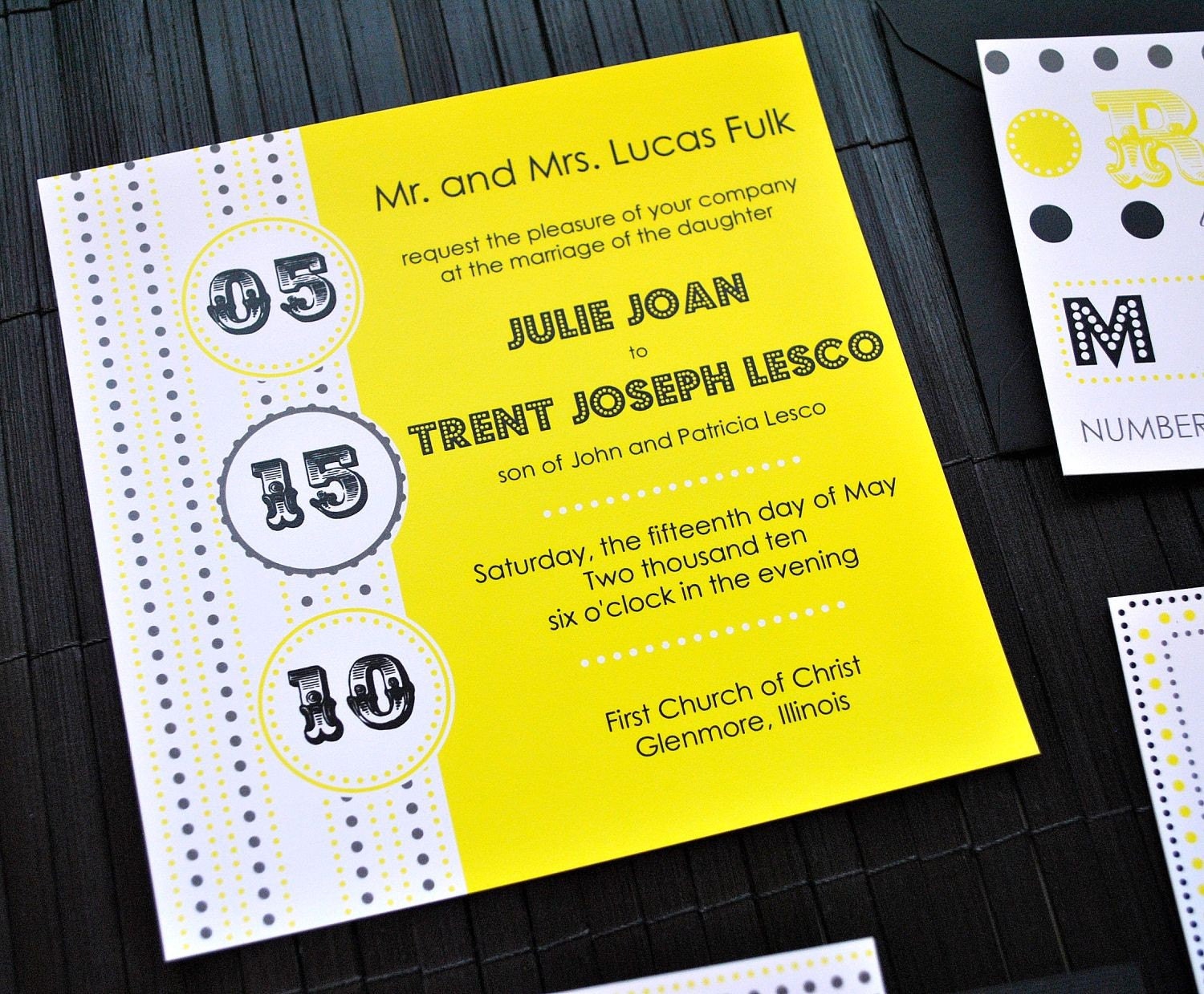 Super Cute Wedding Invitation Suite with Belly Band - Dots Suite Black, Grey and Yellow