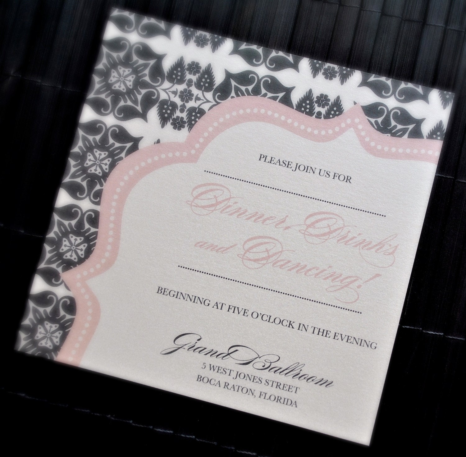 Liya Pocketfold Wedding Invitation Suite - Ivory, Charcoal, Pale Pink, customizable