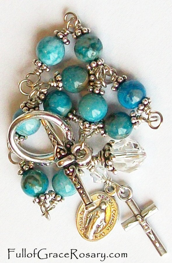 Aqua Blue Rosary Bracelet, Gemstone, Crazy Lace Agate, Unbreakable, Silver, Catholic, One Decade, Miraculous Medal