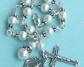 First Communion White Pearl Rosary Bracelet, Sterling Silver, Swarovski, Child's, Unbreakable, Miraculous Medal, Crucifix, One Decade