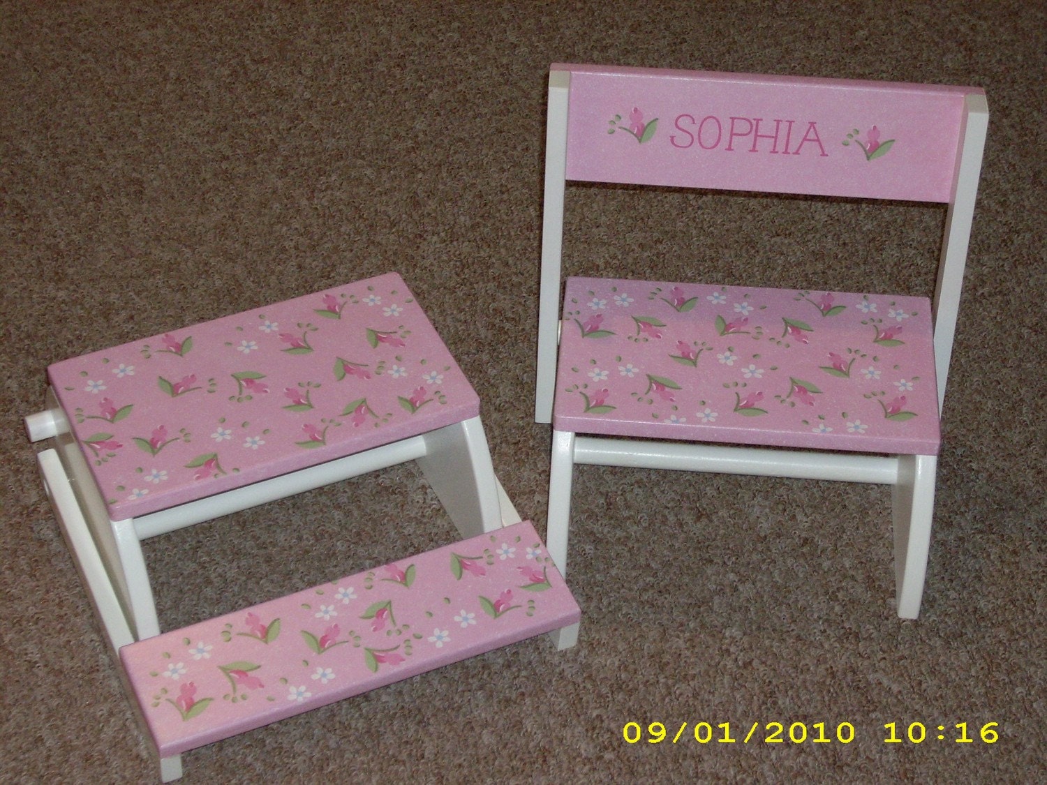 Kids Personalized Flip Up Stool Chair with Design PAINTED on All - 3 Surfaces - Floral Rose Bud Design
