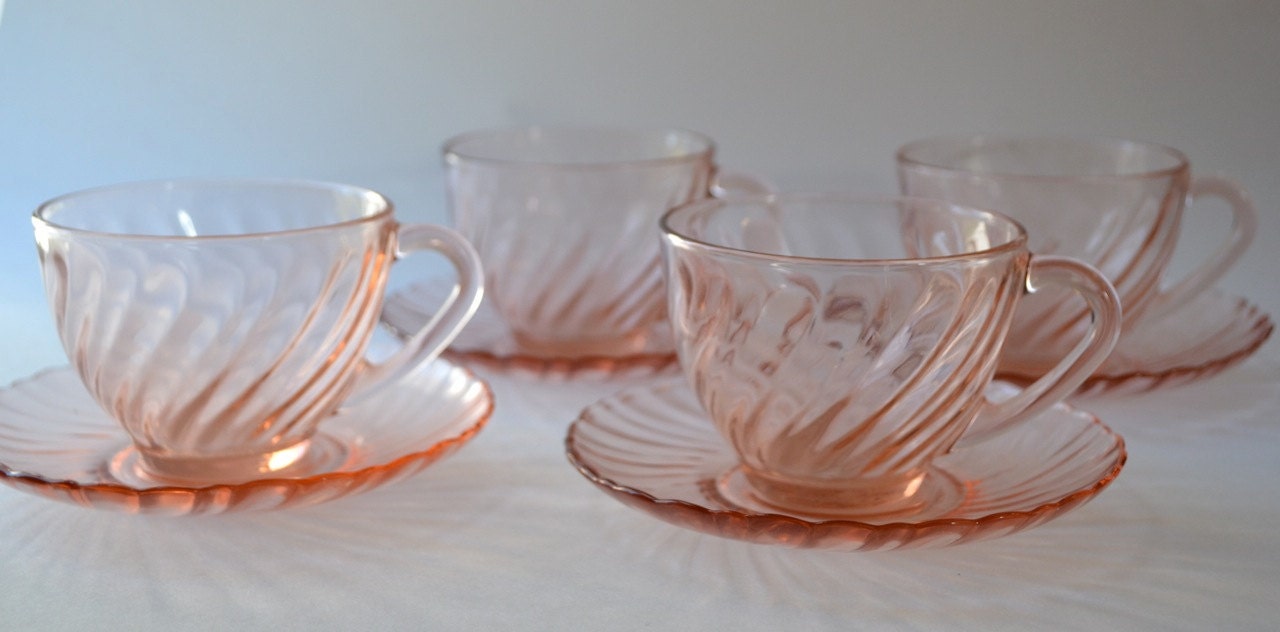 French Pink Glass Cups and Saucers - Set of 4- Vintage