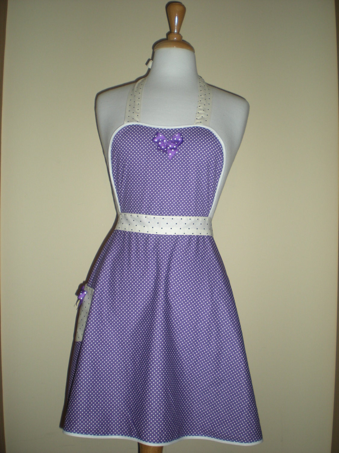 Vintage inspired 50s style Full apron in purple white polka dot print with pocket and bows Ready to ship