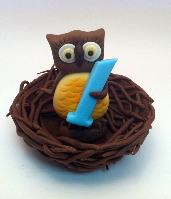 Fondant Baby Owl in a nest with number - Fondant Cake Topper, - Cake Decoration - Baby Shower Il_570xn