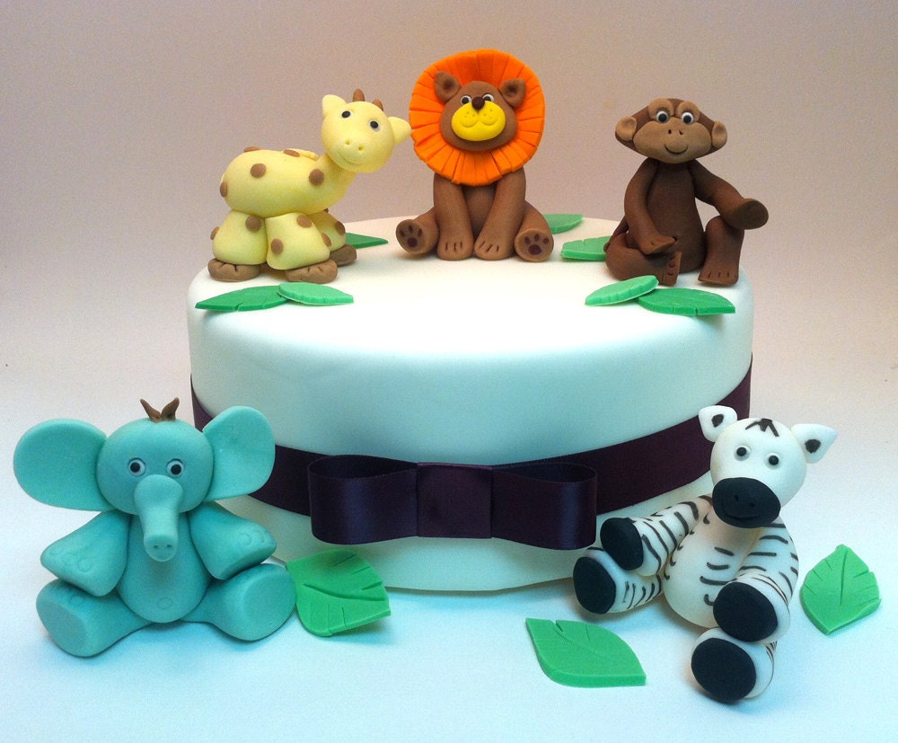 Fondant Jungle Baby Shower Cake toppers, Jungle cake decorations, lion, zebra, elephant, monkey, giraffe