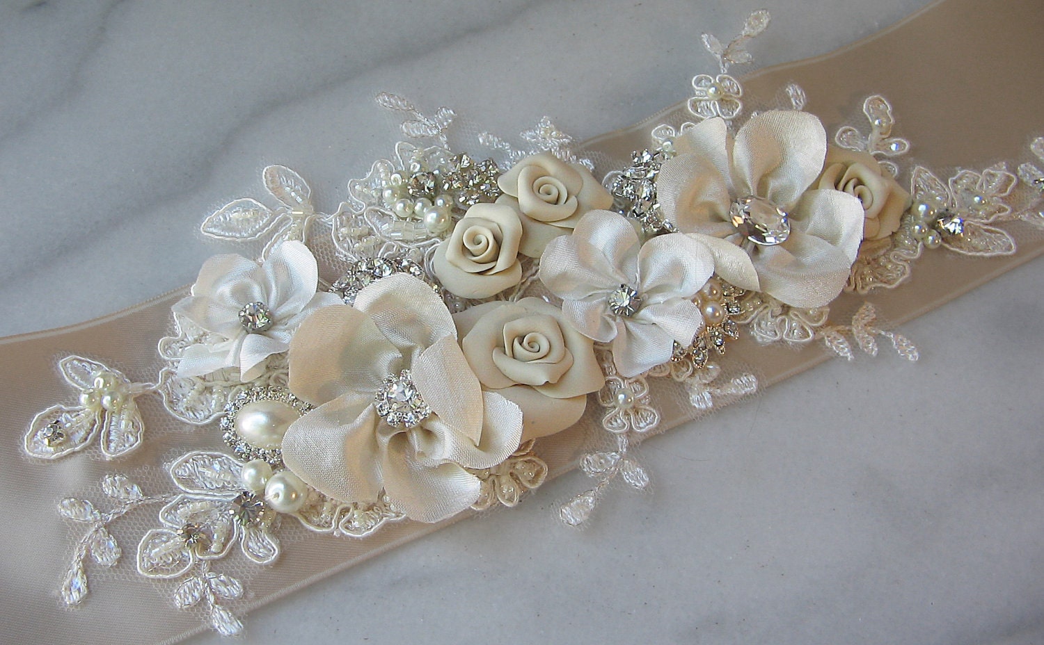 Champagne Bridal Sash, Ivory Wedding Belt, Rhinestone and Pearl Flower Sash with Lace - CHERI