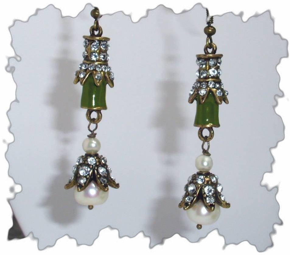 Genuine Pearl Old world Charm Bamboo Look Enameled Metal Earrings