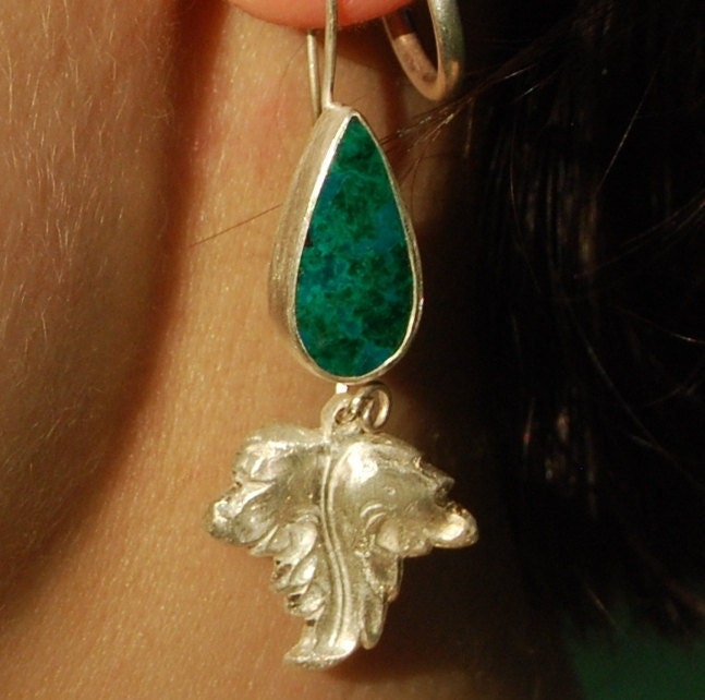 Handmade Azurite Malachite Chrysocolla Teardrop Fine Silver Leaf Earrings