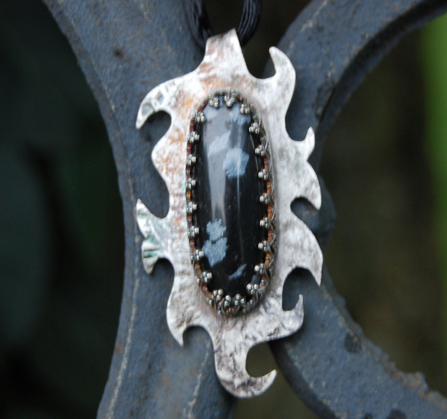 Handmade Distressed Sterling Silver Flame Snowflake Obsidian Pendant- One of a Kind