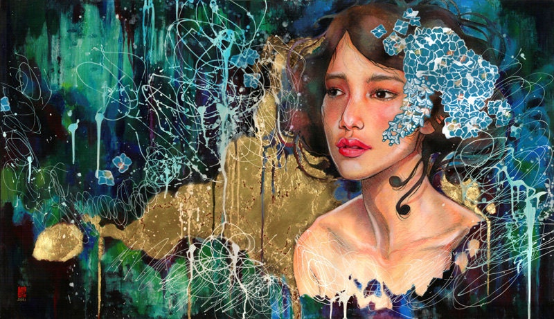 Japanese Painting Colored Pencil Mixed Media Watercolor Art Giclée Print by JUURI Size 19x10 with COA Limited Edition
