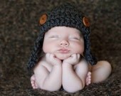 Aviator Hat, Baby Boy Hat, Bomber Hat, Earflap Hat, Crochet Hat, Photo Prop, Grey