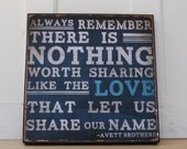 Nothing Worth Sharing Like the LOVE that let US Share Our Name.  - Avett Brothers.  16 x 16 inches.