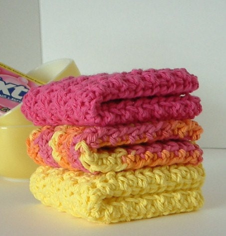 Cotton Crochet Dish Cloths, Bright Yellow, Hot Pink - Nykki Makes