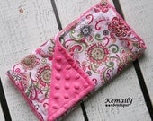 Modern Design Floral On Hot Pink Minky Dot Burp Cloth  Kemaily