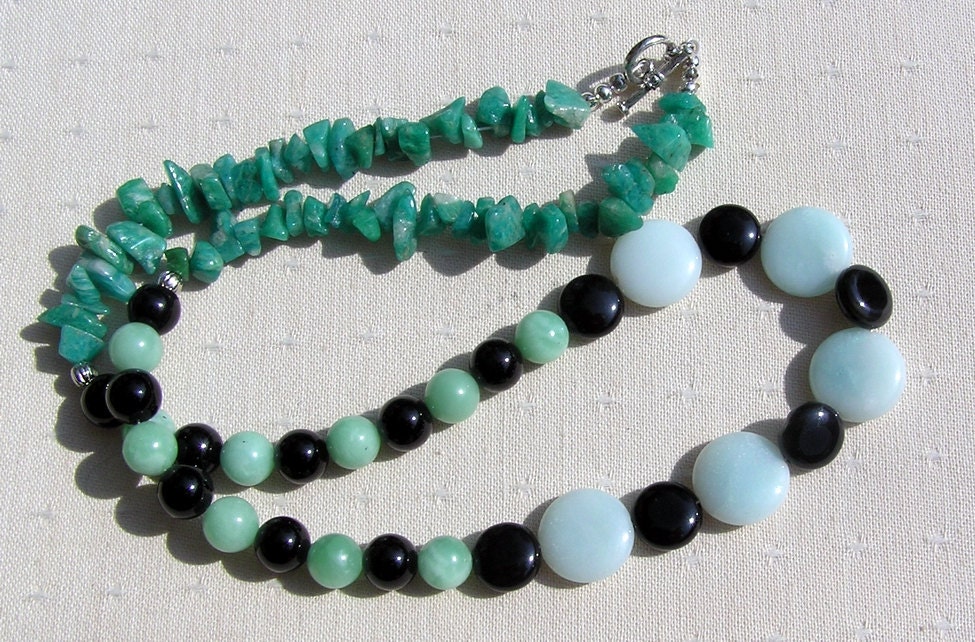 Amazonite & Black Onyx Crystal Gemstone Necklace - "Amazon Mist" - Special Offer Price