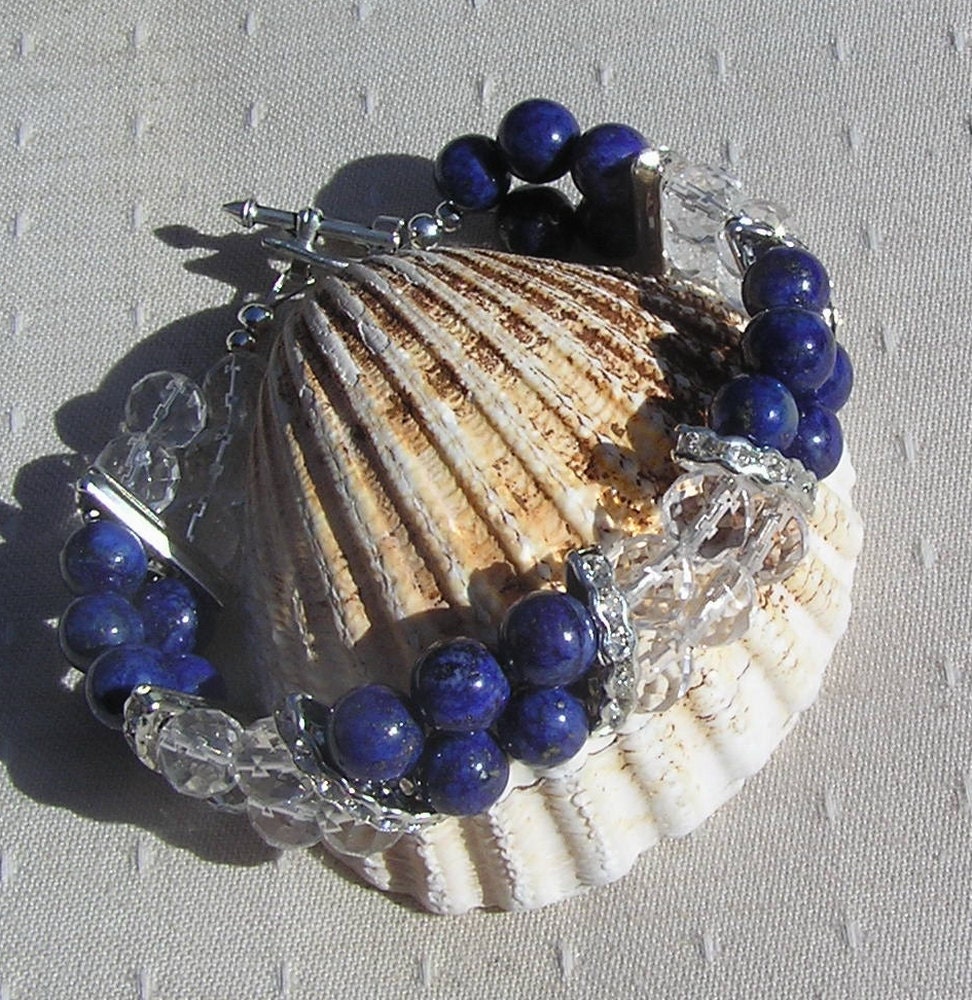 Lapis Lazuli & Clear Quartz Crystal Gemstone Bracelet - "Cornflower"