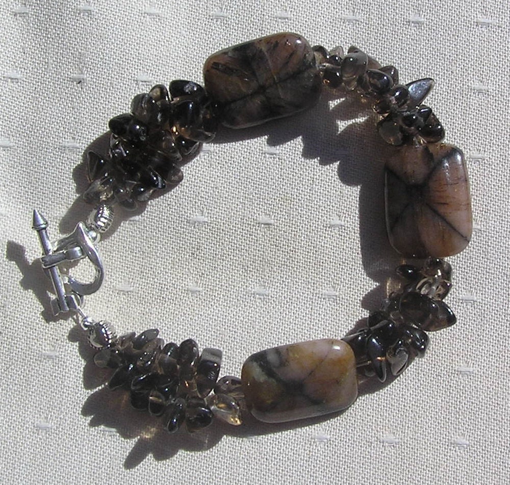 Chiastolite & Smoky Quartz  Crystal Gemstone Bracelet - "Cappuccino"