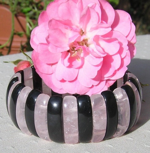 Rose Quartz & Black Onyx Gemstone Elasticated Cuff Bracelet - "Celestial"