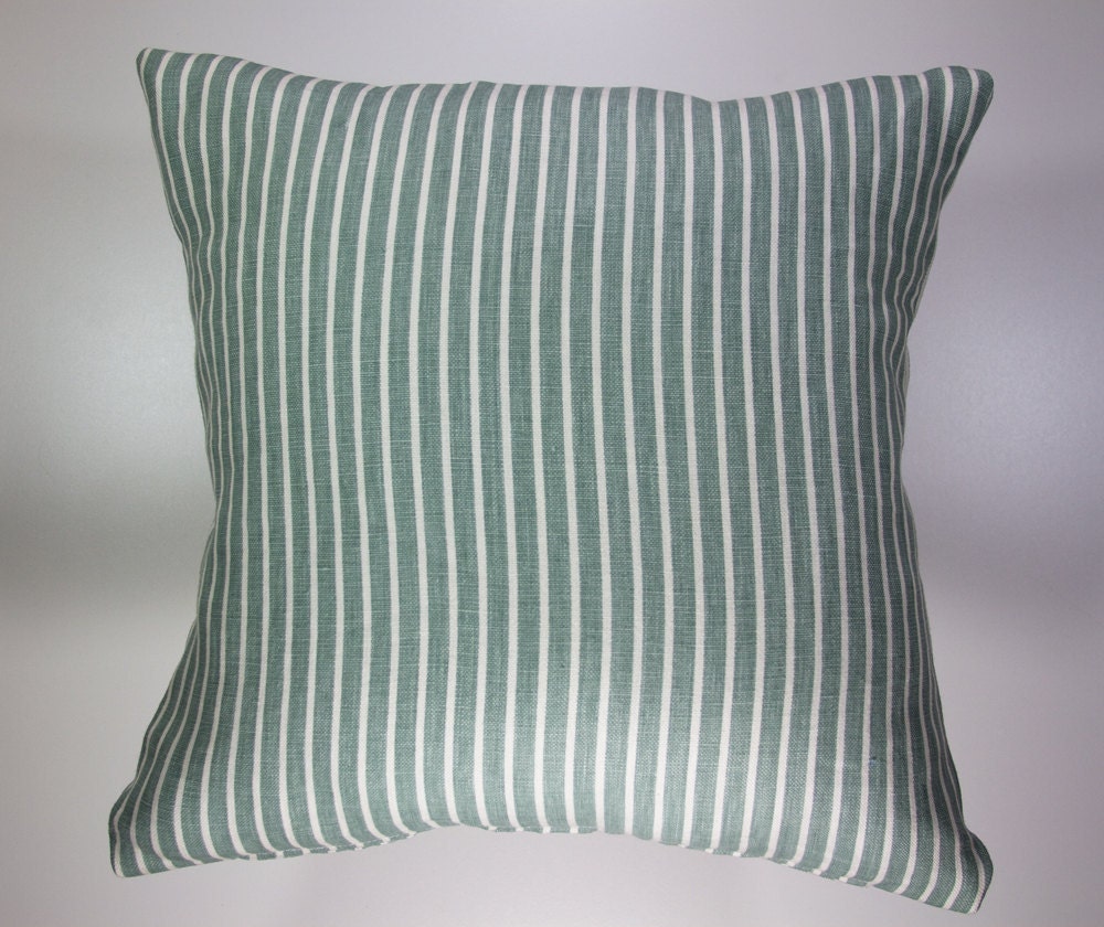 Two Seafoam green linen throw pillow Covers 18x18. White and pastel seafoam green stripes on super soft linen.