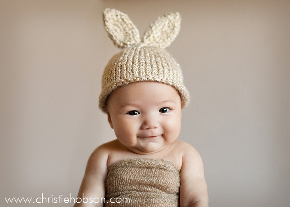 Knit Baby / 6-12 Month Bunny Rabbit Hat, Knitted Easter Photo Prop, Biscuit tweed color, Carrot