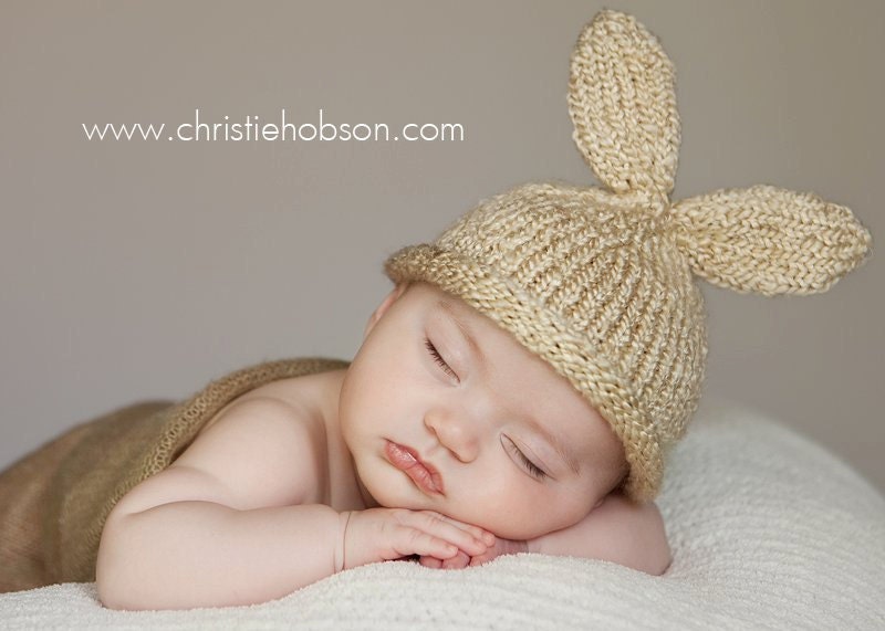 Knit Newborn / Baby Bunny Rabbit Hat, Knitted Easter Photo Prop, Vanilla Cream, Sizes NB- Adult, Mohair Wrap Available