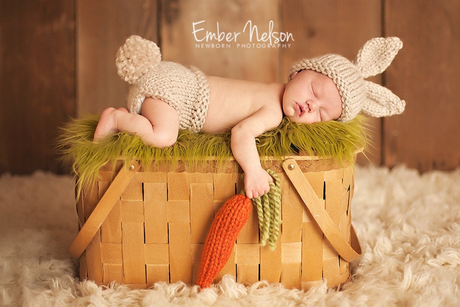 Knit Baby / 6-12 Month Bunny Rabbit Hat, Knitted Easter Photo Prop, Biscuit tweed color, Carrot