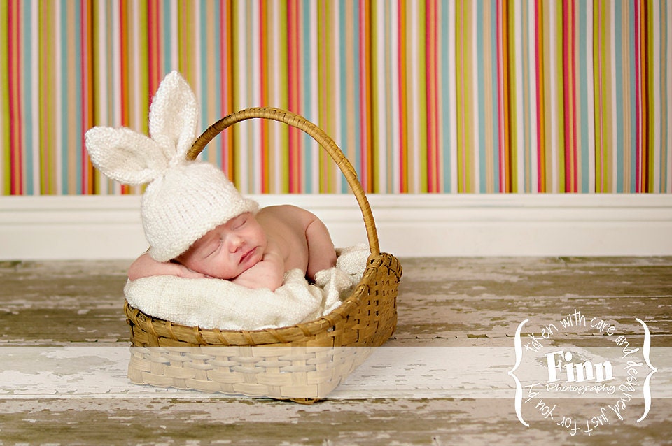 Knit Baby / 6-12 Month Bunny Rabbit Hat, Knitted Easter Photo Prop, Biscuit tweed color, Carrot