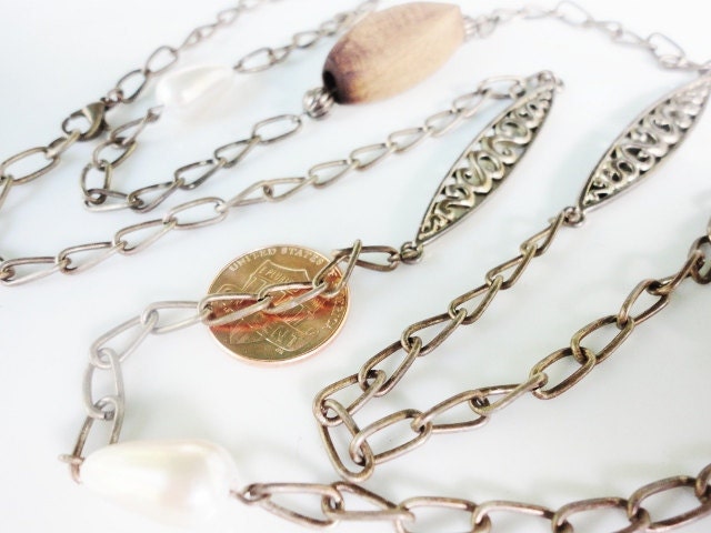 old vintage chain necklace with wood beads pearls and metal links