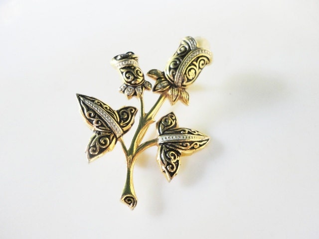 Damascene vintage Jewelry Pearl Tulip Flower pin  Brooch 1950s
