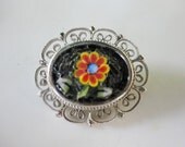vintage Italian micro mosaic brooch black and orange flower