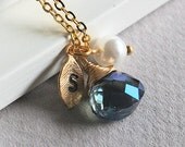 Personalized Sapphire Crystal  and Pearl Necklace, One Custom Initial Leaf