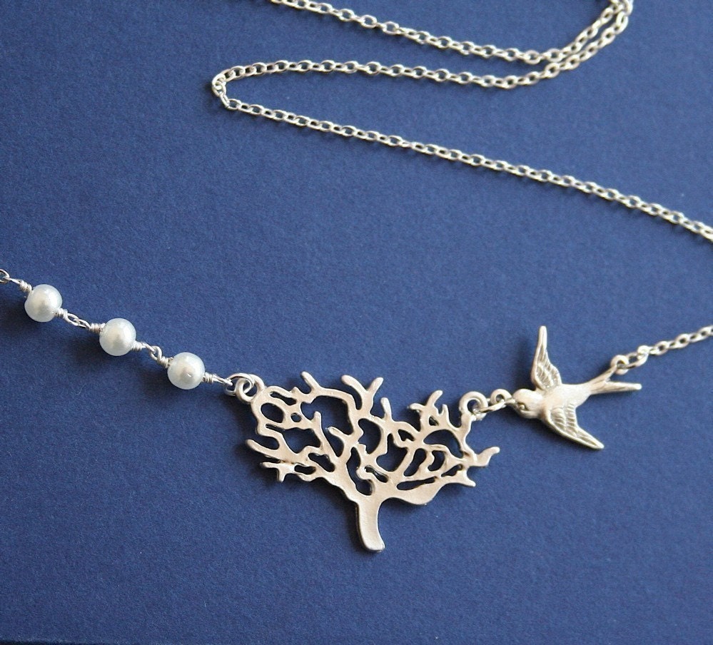 Tree Necklace, Tree with Silver Bird and Pearls Necklace, Sterling Silver chain available, Gift, Everyday Jewelry