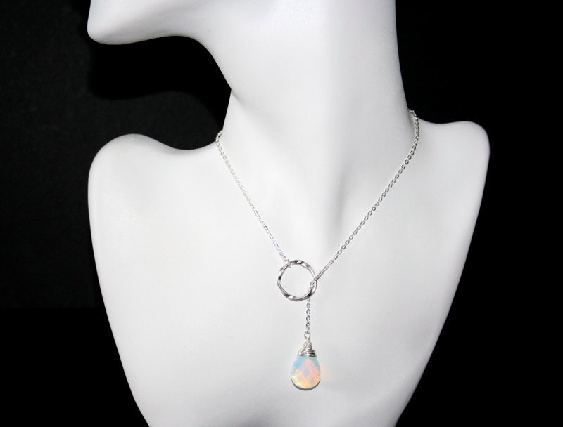 Opalite Moonstone Necklace Lariat necklace with silver circle - gold available, Sterling Silver chain available