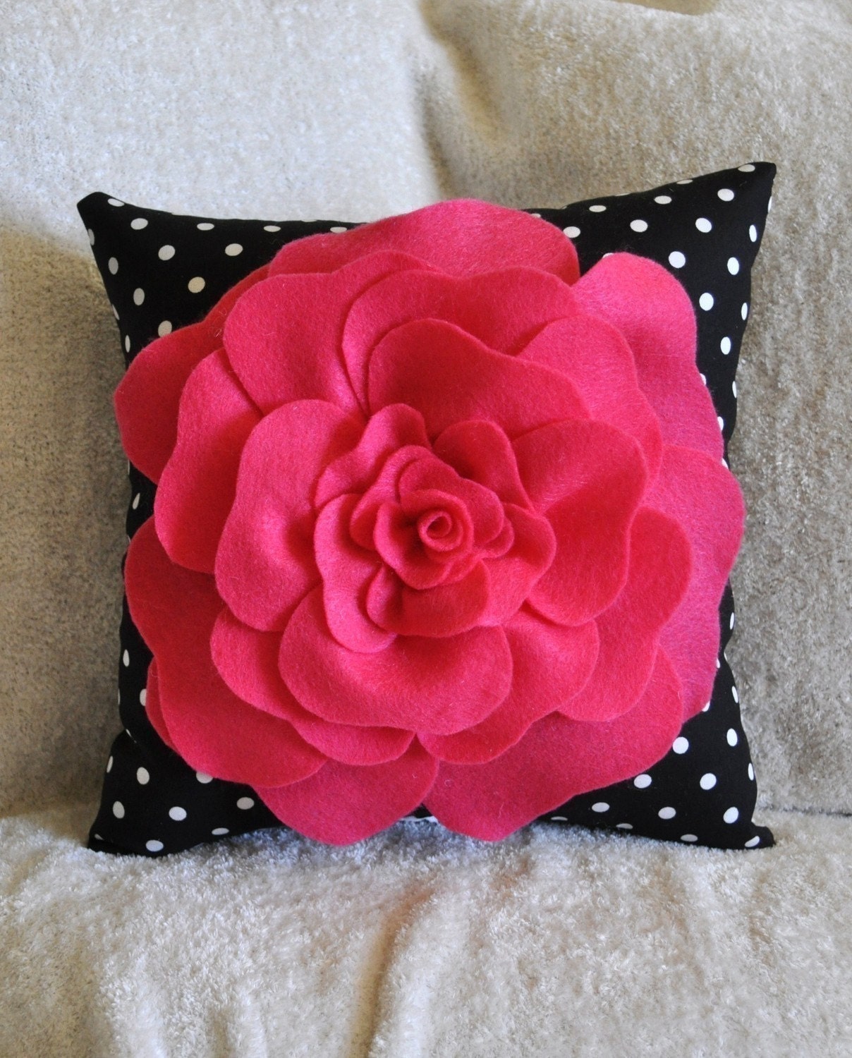 Hot Pink Rose on Black with White Polka Dot Pillow 14 x 14