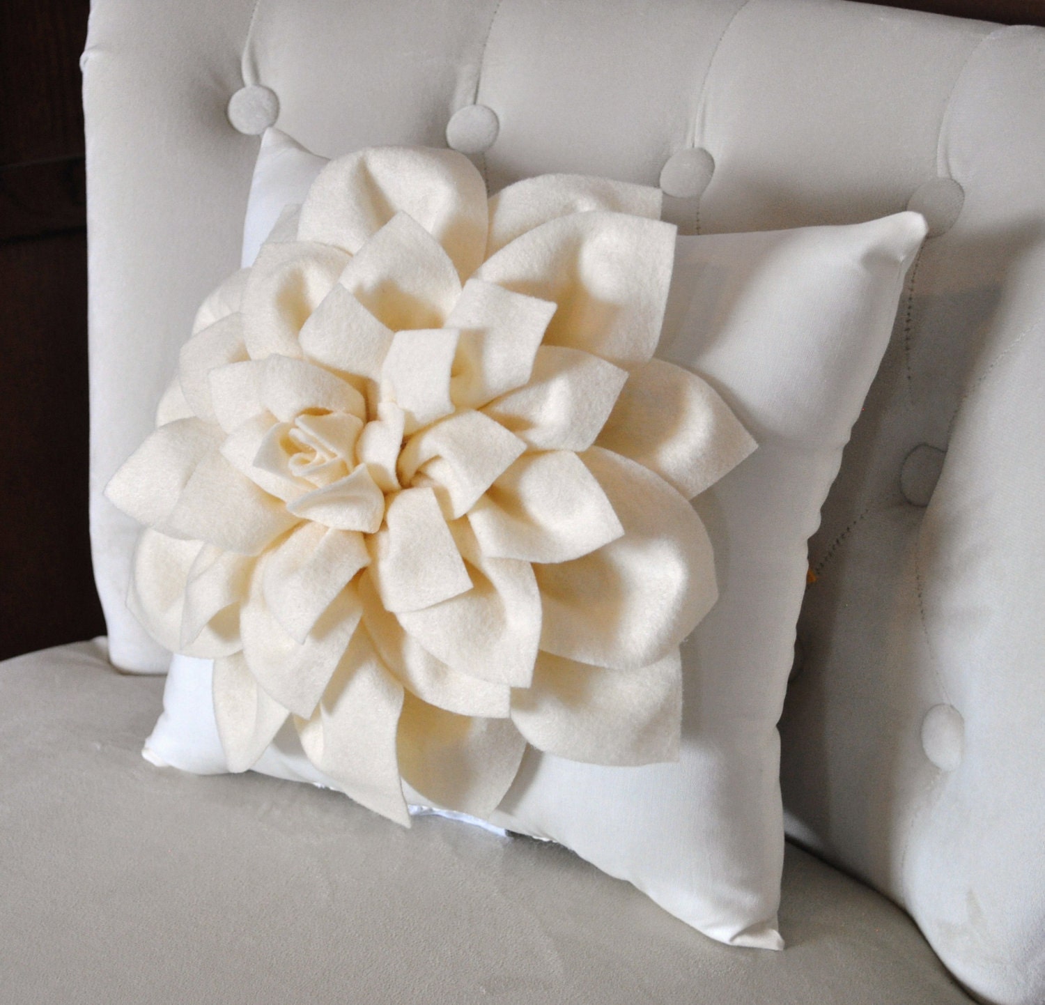 Ivory Dahlia Felt Flower on Ivory Pillow NEW DESIGN -Pick your Colors- Mum Flower Pillow