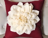 Dahlia Felt Flower Holidays Decorative Pillow  -Ivory on ruby Red - 14" x 14" -Poinsettia  Mum Flower Pillows