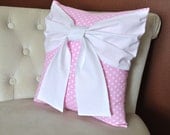 Nursery Decor - Pink Polka Dot Pillow with  Big White Bow Throw Pillow Nursery pillow