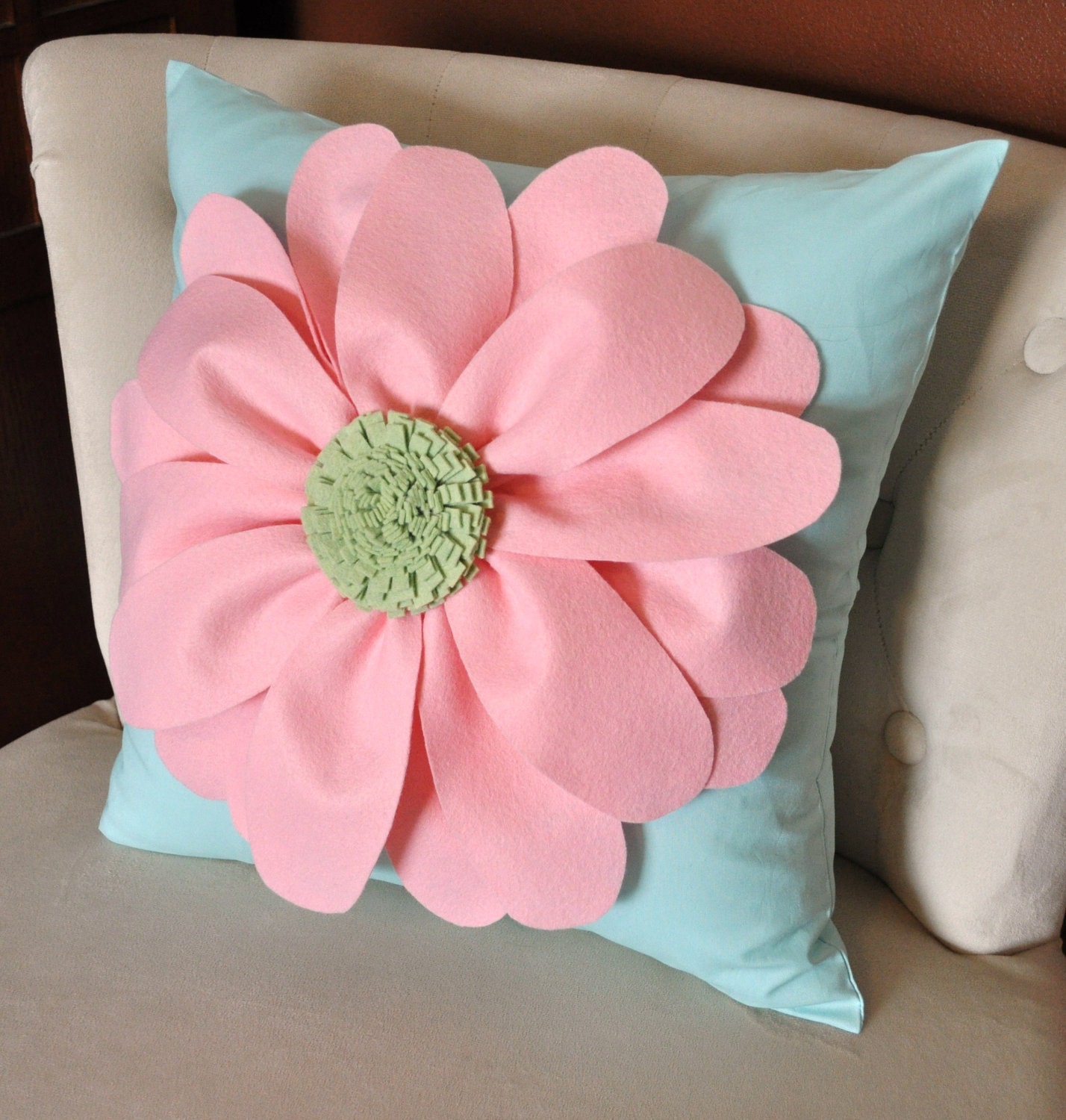 Daisy Felt Flower on Aqua Pillow  -NEW BEDBUGGS DESIGN -Pick your Colors-