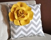 Mellow Yellow Corner Rose on Gray and White Zigzag Pillow 14 X 14 -Chevron Flower Pillow- Zig Zag Pillows