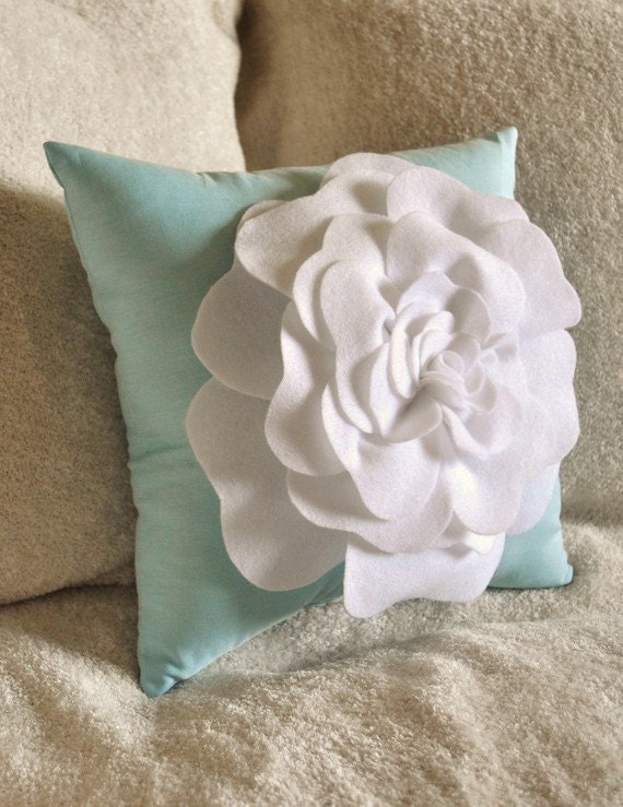 Blue Decorative Pillow Aqua Pillow with White Rose 14x14