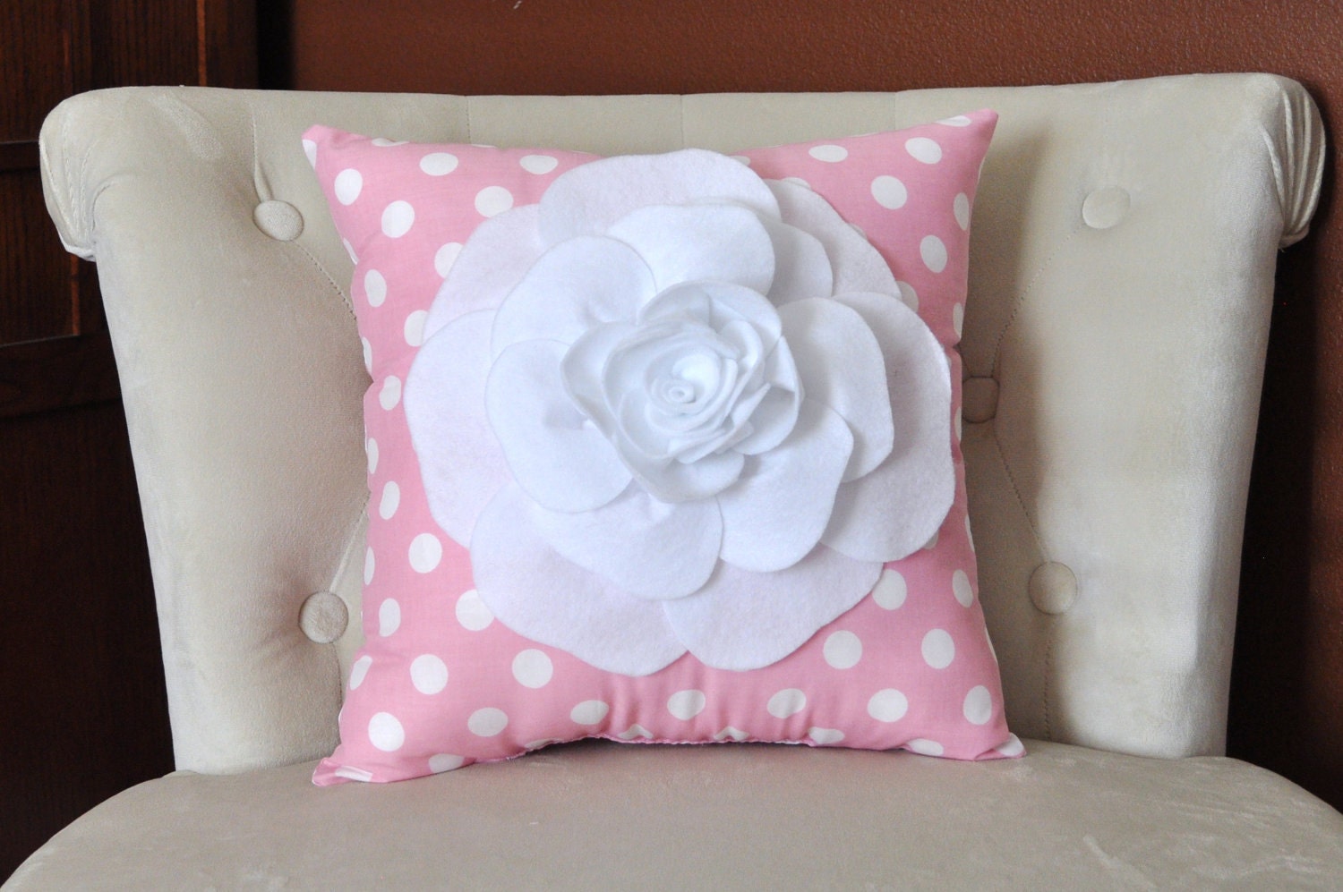 Rose Pillow White on Pink with White Polka Dot Pillow 14x14 Flower Pillow