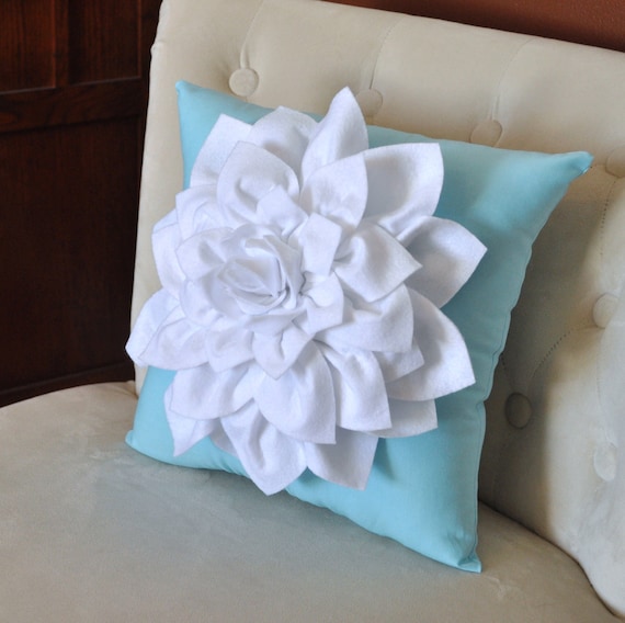 White Dahlia Felt Flower on Blue Pillow NEW BEDBUGGS DESIGN
